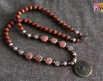 Bohemian Sandalwood Pendant Necklace | Long Boho Necklace 23~24" | 60cm | Statement Beaded Necklace | Mala Style Pink Wood Ceramic Necklace