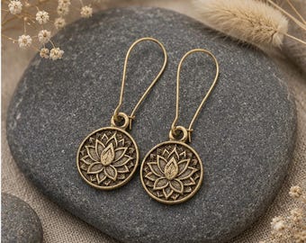 Lotus Flower Earrings | Bronze Metal Earrings | Handcrafted Earrings | Long Light Dangle Earrings | Original Ethnic Rustic Jewellery
