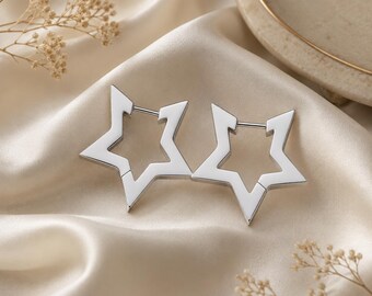 Star Stainless Steel Huggies | Hoop Earrings | 24x22mm | Hypoallergenic Earrings | Small Hoops | Unisex | Sensitive Ears Hoops
