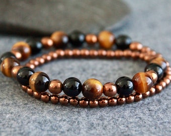Tigers Eye Obsidian Bracelet | Long Double Wrap Bracelet | PROTECTION - CONFIDENCE | Natural Gemstone Jewelry | Healing Crystal Bracelet