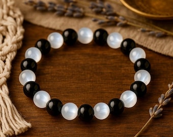 Black Tourmaline Selenite Bracelet | Yin Yang | PROTECTION | SECURED BALANCE | Gemstone Stretchy Bracelet | Unisex Crystal Healing Bracelet