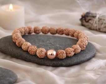 Rudraksha Seeds Bracelet With Rose Gold | Sacred Rudraksha Bracelet | Stretchy Beaded Stacking Bracelet | Yoga Hindu Boho Ethnic Bracelet