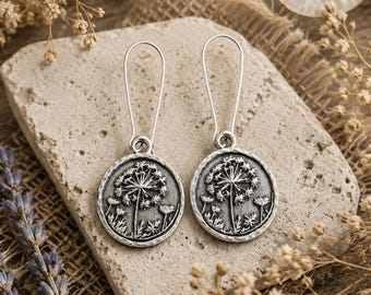 Dandelion Silver Earrings | Antique Silver | Decorated Metal Charm Earrings | Original Bohemian Ethnic Jewelry | Handmade Rustic Earrings