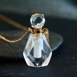 Natural Clear Quartz Perfume Bottle Necklace | Openable Bottle 35x20x15mm | Brass Chain 65cm | Gemstone Crystal Pendant | Unique Jewelry