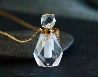 Natural Clear Quartz Perfume Bottle Necklace | Openable Bottle 35x20x15mm | Satellite Brass Chain 65cm