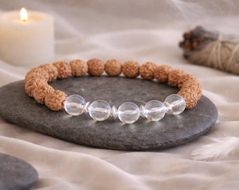 Clear Quartz Rudraksha Bracelet | CLARITY/FOCUS/ANXIETY Fighting | Crown Chakra | Gemstone Seeds Stretchy Stack Bracelet | Organic Jewelry