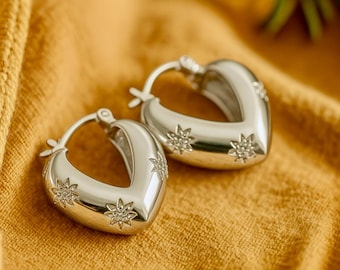 Chunky Shiny Stars Hoops | Brass Platinum Plated | Cubic Zirconia | 23mm | 7mm Thick Wide | Statement Earrings | Gorgeous Wedding Hoops