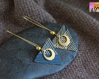 Blue and Gold Triangle Earrings | Japanese Paper Metal Charm Earrings | Minimalist Earrings | Unique Artisan Jewelry | Statement Earrings