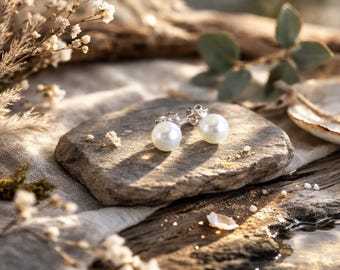 Pearl Earrings | Pearl Studs | Sterling Silver | Freshwater Pearl | Tiny Pearl Earrings | 7.5mm | Elegant Creamy White Pearl Studs