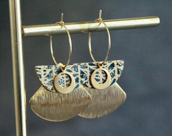 Elegant Statement Earrings | Hoops | Japanese Paper on Metal Charm | Dangle Charm Earrings | Original Handmade Crafted Artisanal Jewelry