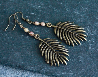 Palm Leaf Earrings | Bronze Earrings | Long Dangle Earrings | Statement Earrings | Metal Charm Earrings | Boho Ethnic Rustic Jewellery
