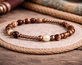 Ethnic Bracelet | Tigers Eye Pearl Dzi Beads Copper | Stretchy Gemstone Bracelet | Original Organic Natural Artisan Jewelry | 6-7mm beads