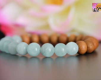 Aquamarine Sandalwood Bracelet | Gemstone Wood Stretchy Bracelet | Mala Bracelet | Original Bohemian Jewellery | Intention Bracelet | 8mm