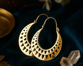 Hollow Moon Earrings | Large Hoop Earrings | Stainless Steel Laser Cut Earrings | Gold Metal Earrings | Original Boho Summer Jewelry