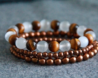 Tigers Eye Selenite Bracelet | PROTECTION AMULET - CONFIDENCE - Decisions | Natural Gemstone Jewelry | Healing Crystal Bracelet
