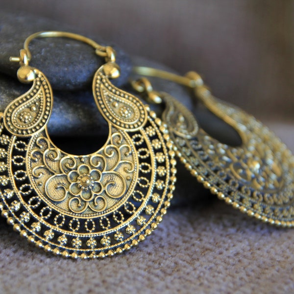 Ethnic Earrings-Brass Hoop Earrings-Indian Bohemian Earrings-Golden Metal Earrings-Boho Earring-Yoga Jewellery-Hippie Jewelry-Tribal Earring