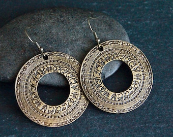 Large Ethnic Bronze Hoops | Antique Bronze | Decorated Metal Earrings | Large Boho Engraved Circle Charm | Original Handmade Earrings