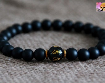 OM Mani Padme Hum Bracelet | Black Onyx | Obsidian Mantra Bead | Buddhist Jewelry | Mala Prayer Bracelet | Yoga Boho Ethnic Sacred Jewellery