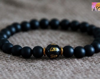 OM Mani Padme Hum Bracelet-Obsidian Mantra Bead-Buddhist Jewelry-Prayer Bracelet-Mala Bracelet-Yoga Boho Ethnic Sacred Jewellery-Black Onyx