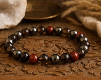 Red Tiger Eye Hematite Smoky Quartz Bracelet | PROTECTION/GROUNDING/VITALITY | Gemstone Stretchy Bracelet | Unisex Crystal Healing Bracelet