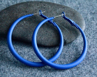 50mm Large Blue Hoops | 4mm Thick | Sterling Silver Pin |  Bohemian Chic Ethnic Tribal Earrings | Latchback | Original Colourful Hoops