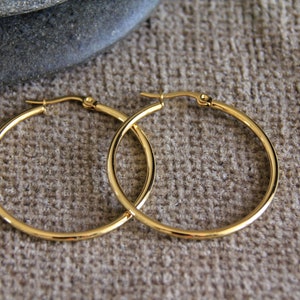 50mm Large Golden Hoops | 18K Gold Plated Hypoallergenic Stainless Steel Hoops | Bohemian Ethnic Tribal Modern Earrings | Medium Hoops