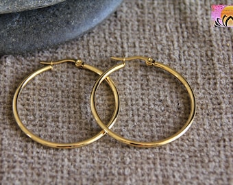 50mm Large Golden Hoops | 18K Gold Plated Hypoallergenic Stainless Steel Earrings | Original Bohemian Modern Gold Hoops | Medium Hoops