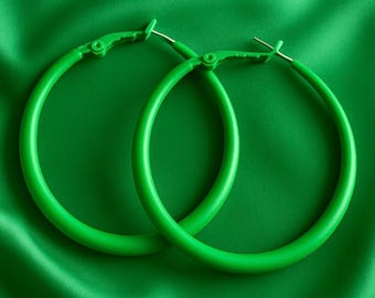 50mm Large Green Hoops | 4mm Thick | Sterling Silver Pin |  Bohemian Chic Ethnic Tribal Earrings | Latchback | Original Colourful Hoops