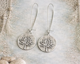 Lotus Flower Earrings | Antique Silver Metal Earrings | Hancrafted Earrings | Long Light Dangle Earrings | Ethnic Rustic Original Jewellery