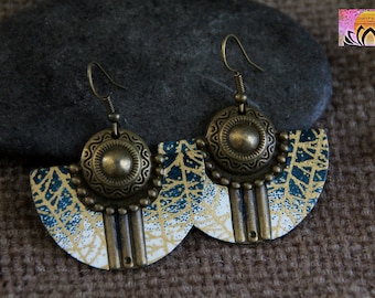Original Half Moon Earrings | Japanese Paper | Bronze Gold Blue White Metal Earrings | Unique Artisan Jewelry | Boho Statement Earrings