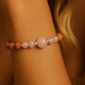 Rose Quartz Rudraksha Bracelet | LOVE | COMPASSION | HEART Chakra | Gemstone and Seeds Stretchy Bracelet | Boho Organic Jewellery | 8mm