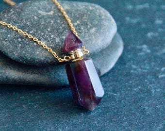ONLY ONE | Natural Amethyst Perfume Bottle Necklace | Openable Bottle 38mm | Brass Chain 50cm | Gemstone Crystal Pendant | Unique Jewelry