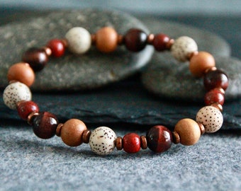 Red Tiger's Eye Sandalwood Ethnic Bracelet | Lotus Seed | Stretchy Gemstone and Wood Bracelet | Unisex | Original Organic Natural Jewelry