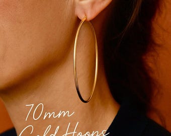 70mm Very Large Golden Hoops | 18K Gold Plated Hypoallergenic Stainless Steel | Bohemian Chic Ethnic Tribal Modern Earrings | Big Hoops