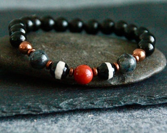 Ethnic Bracelets Set | Labradorite Jasper Obsidian Dzi beads | Stretchy Gemstone Copper Bracelet | Unisex | Original Organic Natural Jewelry