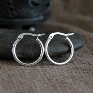 15mm Tiny Shiny Silver Hoop Earrings | Hypoallergenic Stainless Steel | Silver Color Plated | Small Hoops | Boho Ethnic Minimalist Earrings