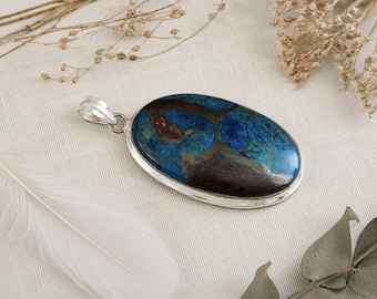 Azurite Chrysocolla Pendant | 65x31mm | Stone in Sterling Silver | Natural Gemstone | Crystal Healing Pendant | Organic Jewellery | Unisex