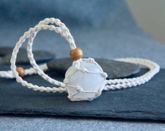 Macrame Pouch Necklace | Crystal Pouch | Handmade Cord Stone Necklace | Beige or Black or Tan Brown | Braided Wax Cord Necklace | Adjustable