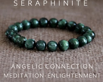 Seraphinite Bracelet | 7-8mm | ENLIGHTENMENT/ANGELIC Connection/Openness to Love | Third Eye Crown Chakras | Rare Gemstone Stretchy Bracelet