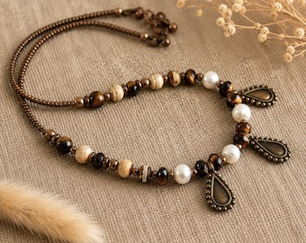Choker Necklace | Freshwater Pearls Tigers Eye Dzi Beads | 16" 42cm | Ethnic Beaded Short Necklace | Original Boho Stone Necklace | Only One