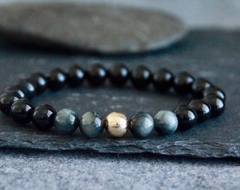 Black Onyx Eagle Stone Gold Bracelet | STRESS | FOCUS | Strong WILL | Root Chakra | Black Grey Stretch Bracelet | Unisex Boho Jewelry | 8mm