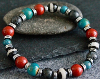 Tibetan Ethnic Bracelet | Red Jasper Dzi Agate Labradorite Ceramic | Stretchy Gemstone Bracelet | Unisex | Original Organic Natural Jewelry