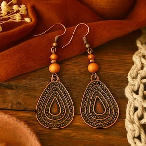 Bohemian Copper and Sandalwood Earrings | Long Dangle Earrings | Metal Charm Earrings | Boho Ethnic Rustic Jewellery | Copper Jewellery