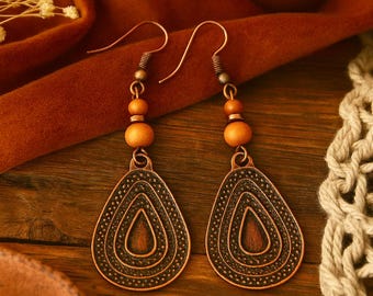 Bohemian Copper and Sandalwood Earrings | Long Dangle Earrings | Metal Charm Earrings | Boho Ethnic Rustic Jewellery | Copper Jewellery