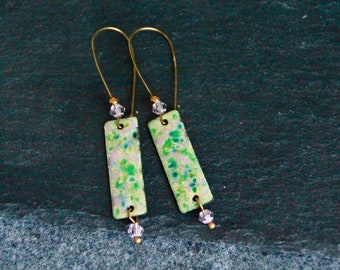 ONLY ONE | Original Green Minimalist Earrings | Handmade Enamel On Copper Charm Earrings | Light Pink Yellow Earrings | Unique Piece