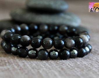 Obsidian Hematite Bracelets | Set of 2 | Silver Sheen Obsidian | TRUTH/Mental Stress/PATIENCE/Protection | Black Stretchy Bracelet | Unisex