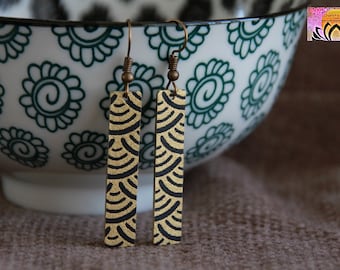 Elegant Bar Earrings | Japanese Paper on Metal Charm Earrings | Boho Long Rectangle Earrings | Black Gold Earrings | Unique Handmade Jewelry