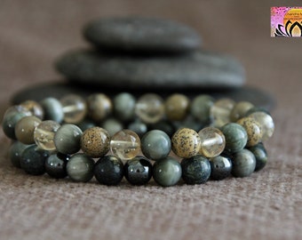 Citrine Eagle Eye Stone Dendritic Jasper Serpentine Bracelets Set | QUIET The Mind/INSPIRATION | Gemstone Stretchy Healing Bracelets | 8mm