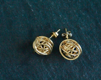 Gold Wire Wrapped Studs | 18k Gold | Wire Ball Earrings | 14x12mm | Round Studs