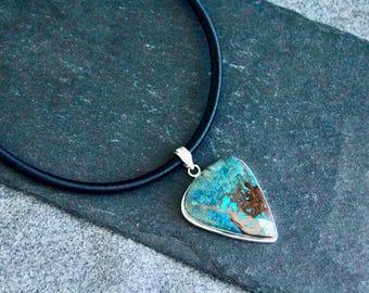Azurite Chrysocolla Pendant | 62x43mm | Stone in Sterling Silver | Natural Gemstone | Crystal Healing Pendant | Organic Jewellery | Unisex